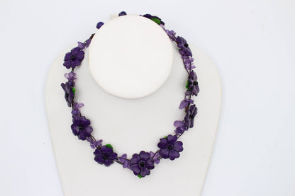  - Leather flower necklace with crystal stone choker