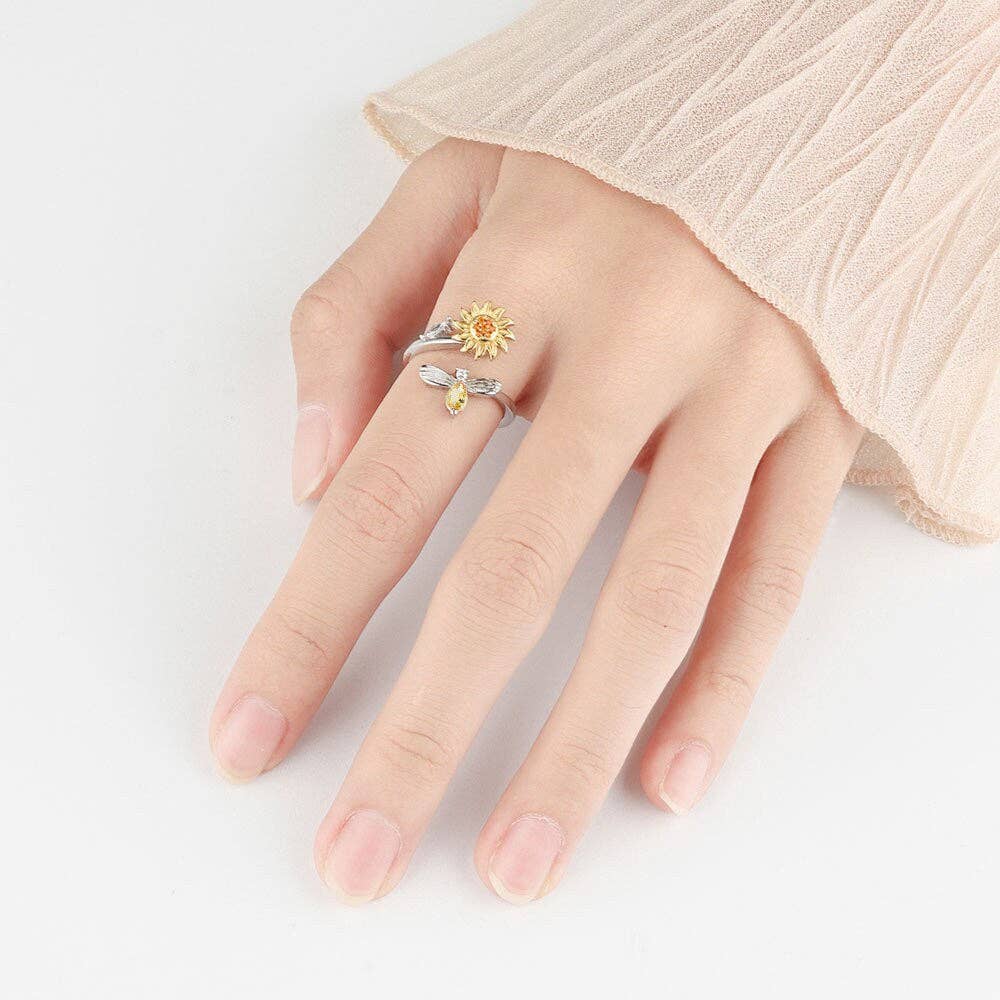 Sunflower Anxiety Fidget Spinner Ring in Sterling Silver