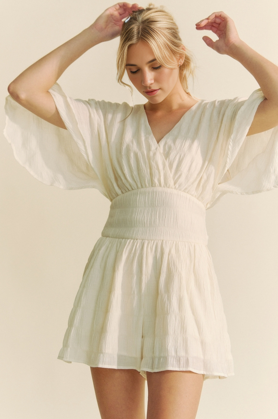 Davi &amp; Dani - BATWING SLEEVES SNAPE BUTTON UP WAISTBELT ROMPER