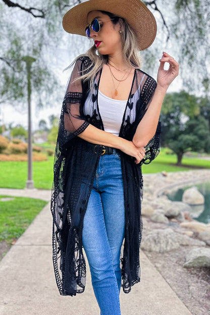 AMOLI - Black Boho Floral Lace Sheer Dressy Kimono Cover Up Cardigan