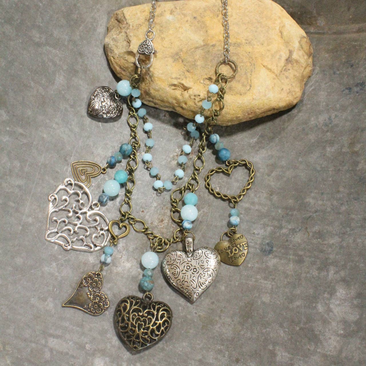 The Primitive Peddler, Inc. - Loads Of Love Czech Heart &amp; Mixed Metal Charmers Necklace