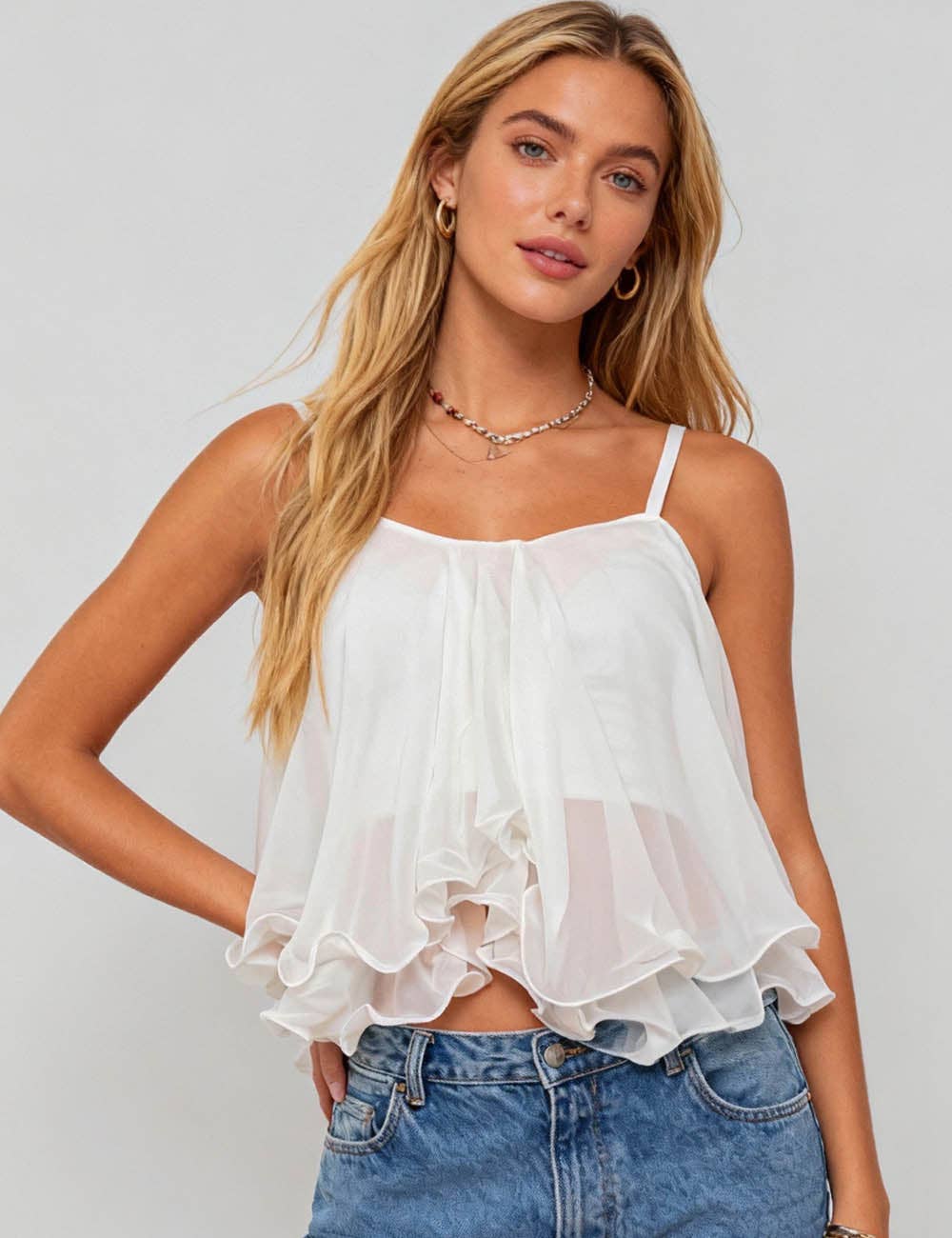 Sweetkama - Ladies Chiffon Square Neck Tiered Ruffle Cami Top