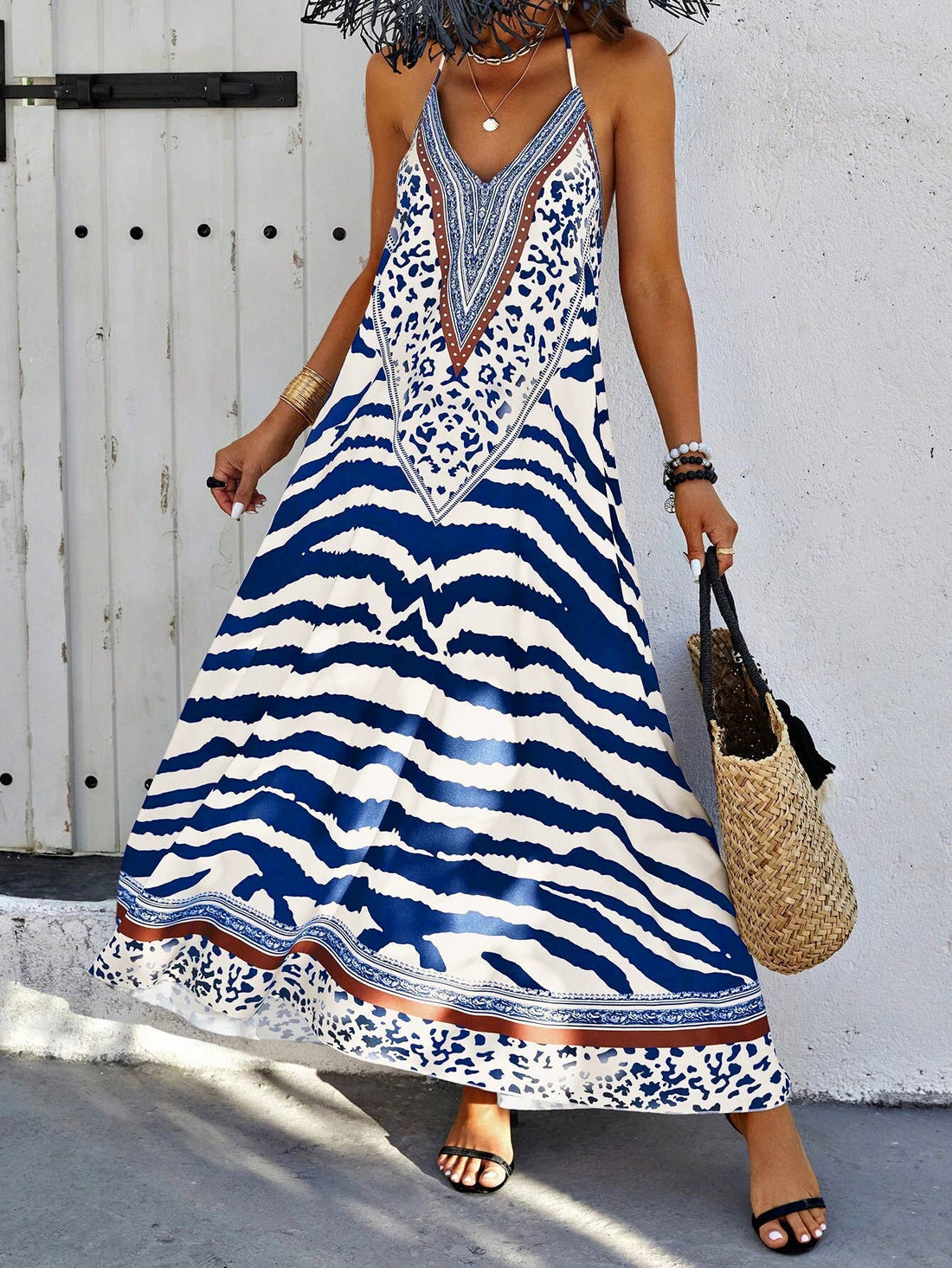 Anna Kaci Wholesale - V Neck Printed Spaghetti Strap A Line Maxi Dress