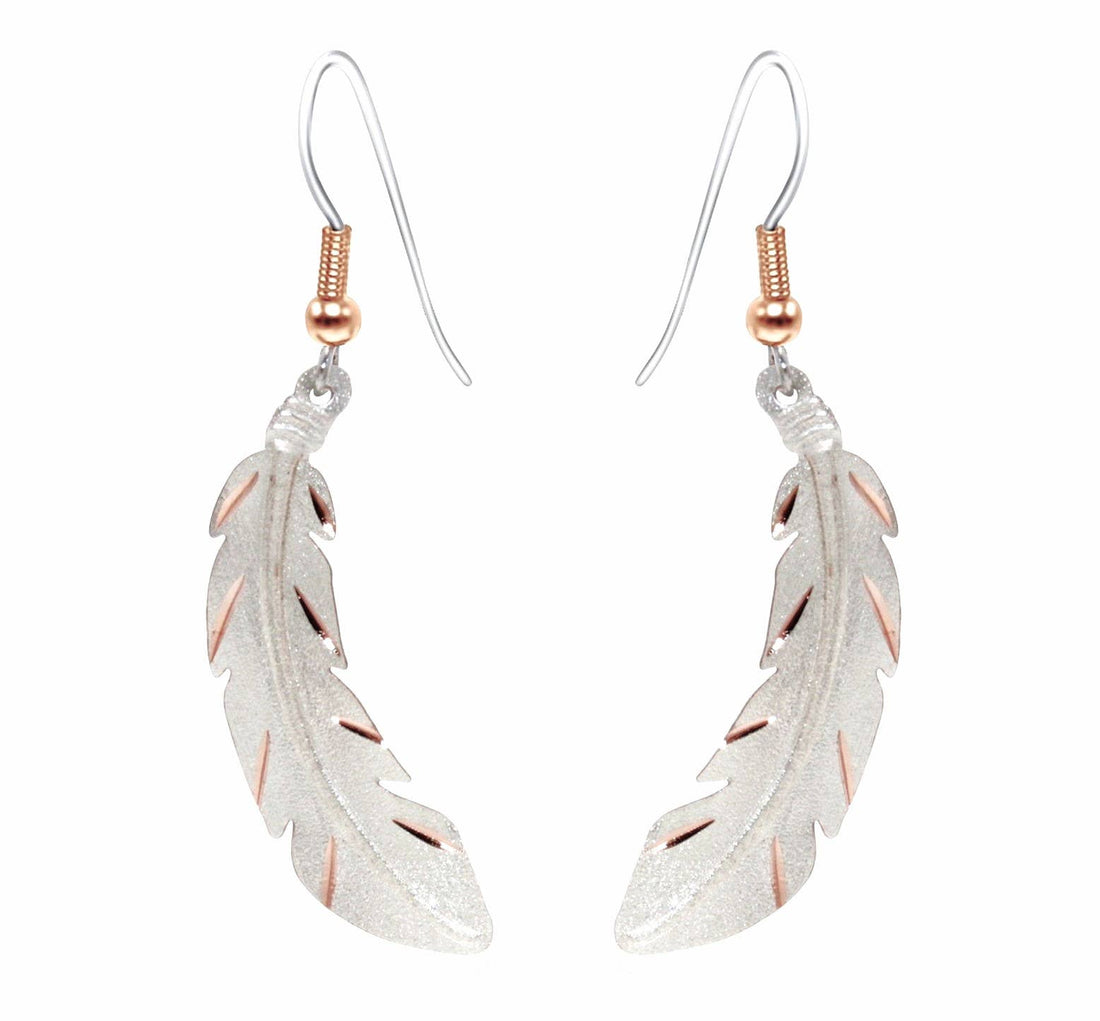 COPPER ARTS INC. - Textured Copper silver plated Feather Earrings