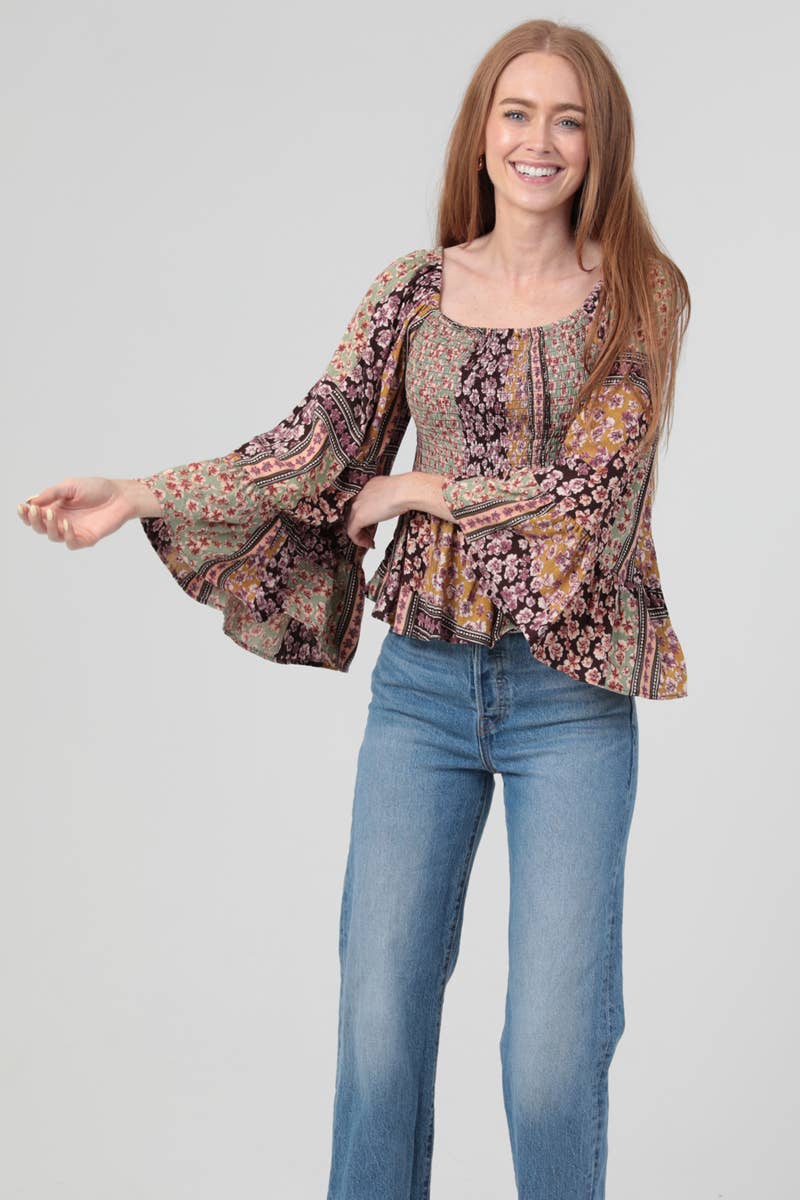 ANGIE - FULLY SMOCKED BODICE TOP WITH A WIDE SLEEVE