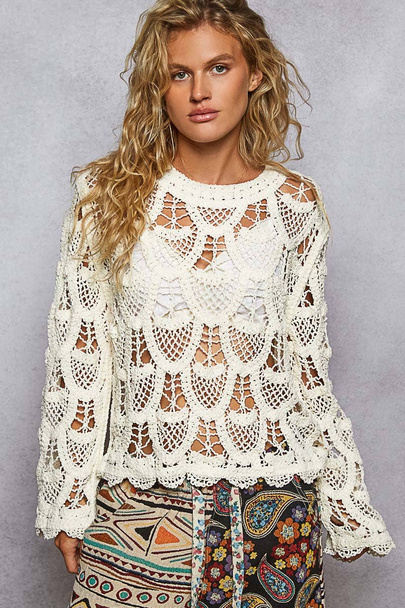 Pol Clothing - Round neck long sleeve solid crochet top