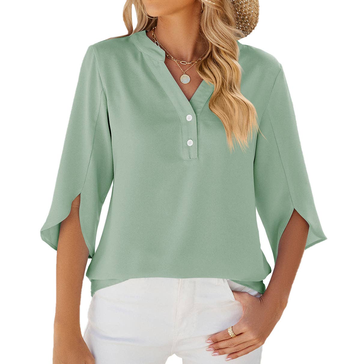 Lovesoft - V-neck Medium sleeve chiffled chiffon top