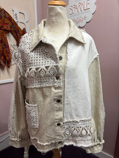 Cutie Judy- Tan and Cream denim and lace jacket