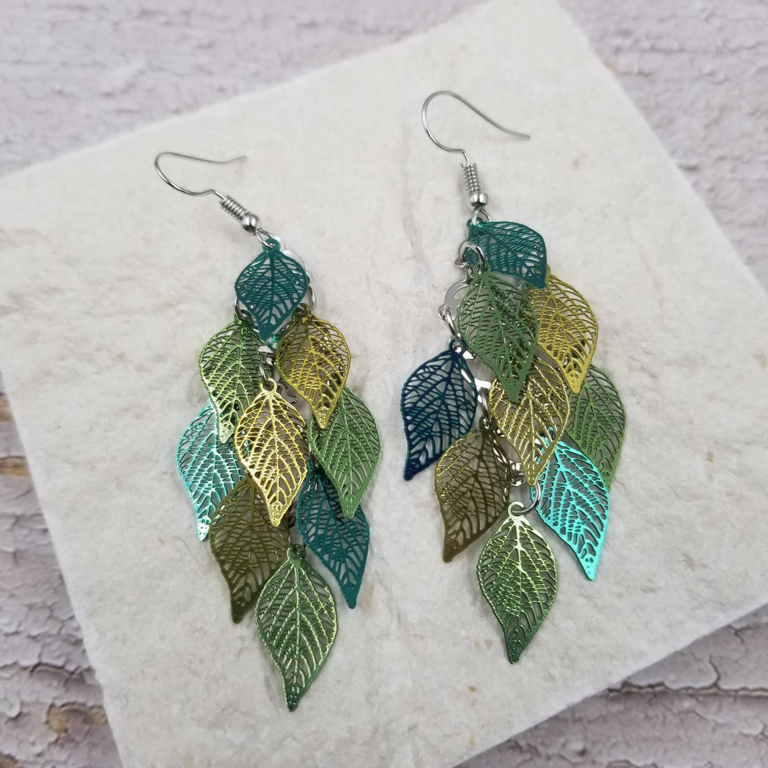 Treasure Wholesale - Green And Gold Leaves Lightweight Statement Earring