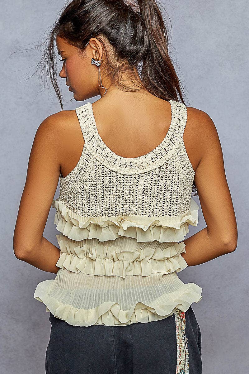 Pol Clothing - Round neck sleeveless ruffle detail crochet top