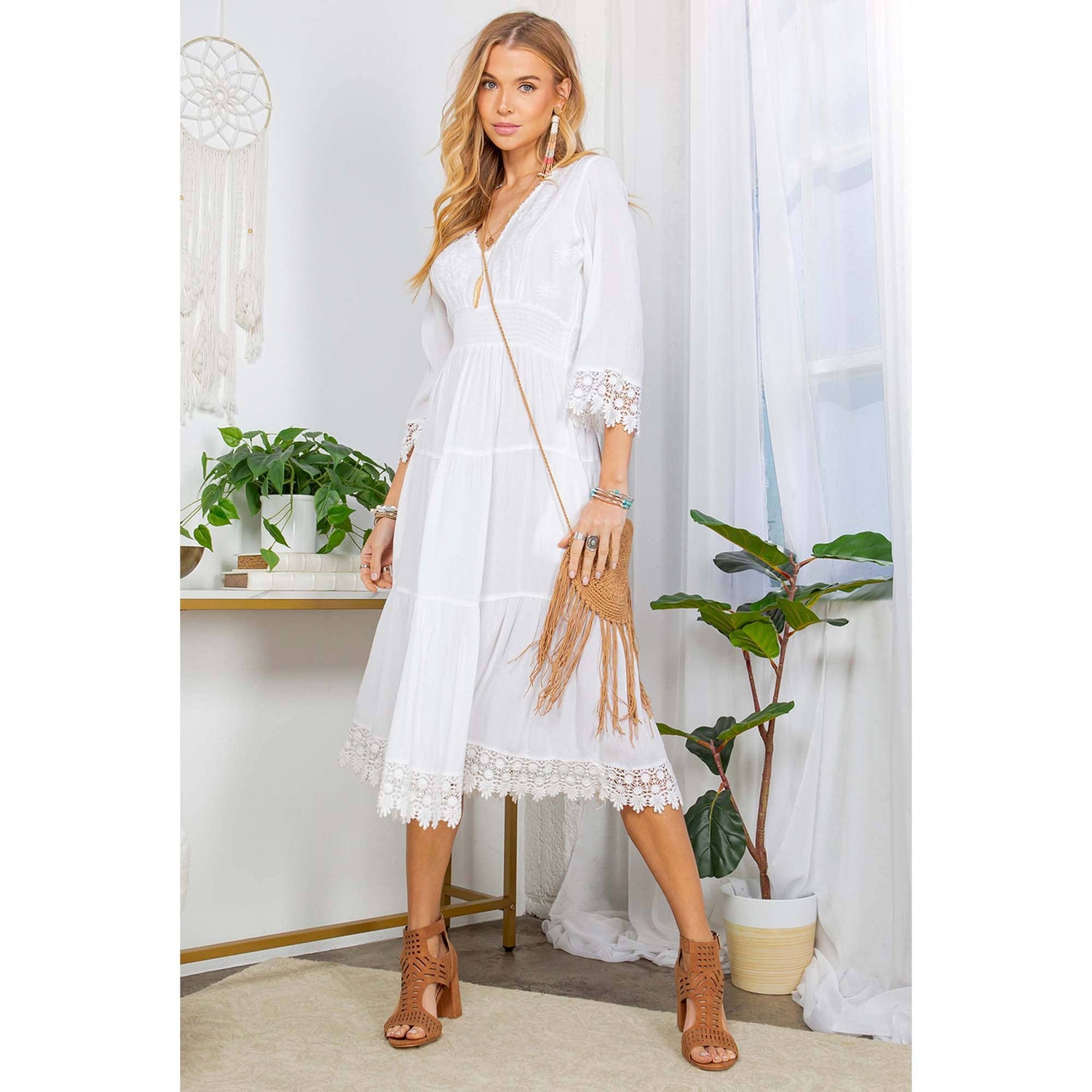 Young Threads - Dress Mid Length V-neck Embroidery &amp; Lace Detailing