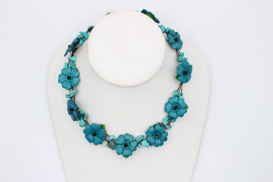  - Leather flower necklace with crystal stone choker