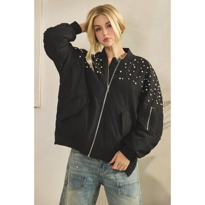 Veveret - Rhinestone Oversize Bomber Jacket