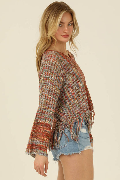 ANGIE - V NECK FRINGE HEM PULLOVER SWEATER