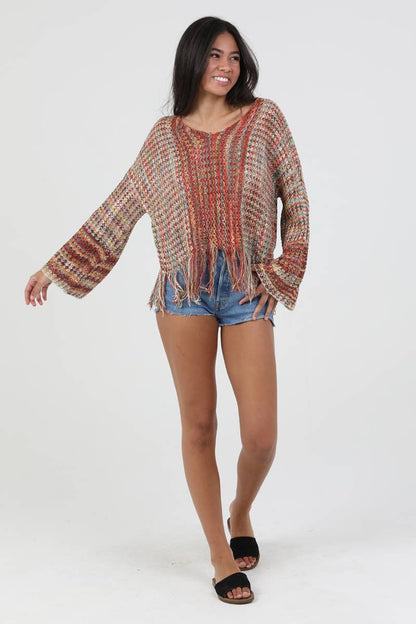 ANGIE - V NECK FRINGE HEM PULLOVER SWEATER