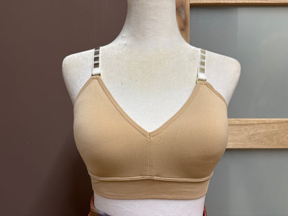 Strap-it’s- Nude plunge with gold and silver accents