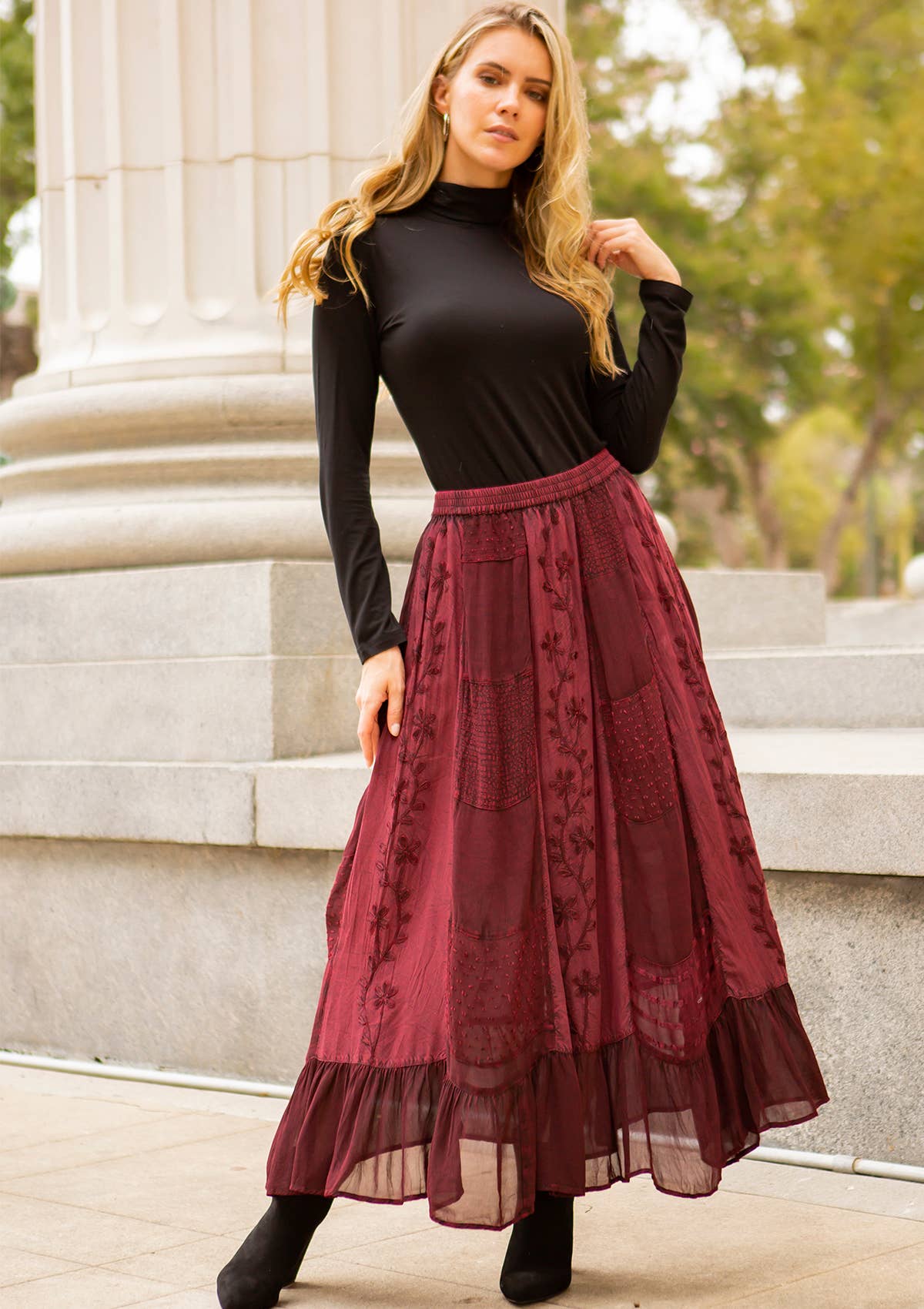 Young Threads - Women Patchwork Embroidered Maxi Skirt With Side Pockets
