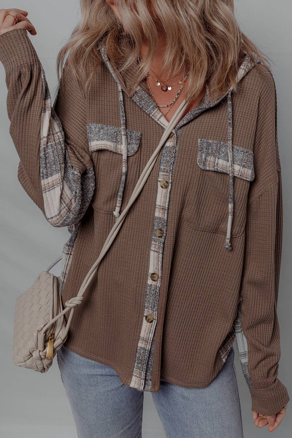 Lovesoft - Brown Plaid Patchwork Button Down Drawstring Hooded Shacket