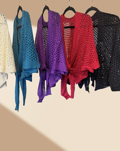 JC Sunny Fashion - Eyelet Open-Knit Metallic Cardigan with Front Tie