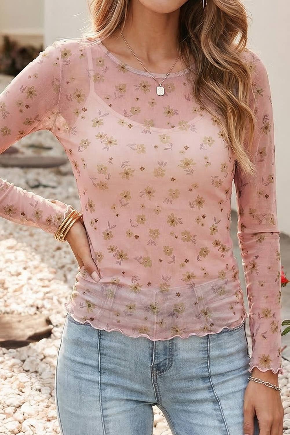 Little Daisy Closet - LDC Vintage Floral Print Southern Style Mesh Long Sleeve Top