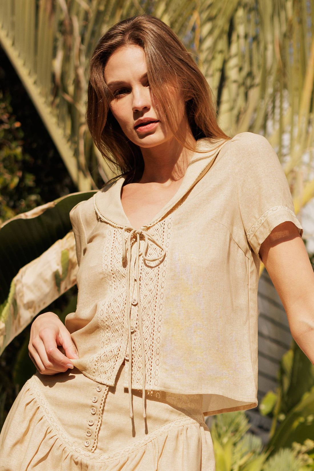 Endless Blu - Lace Detail Short Sleeve Collar Top