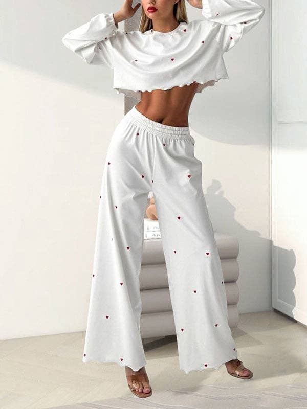 UZ Wholesale Store - High Waisted Long Sleeves Elasticity Heart Print See-Through Split-Joint Round-Neck Two Pieces Set