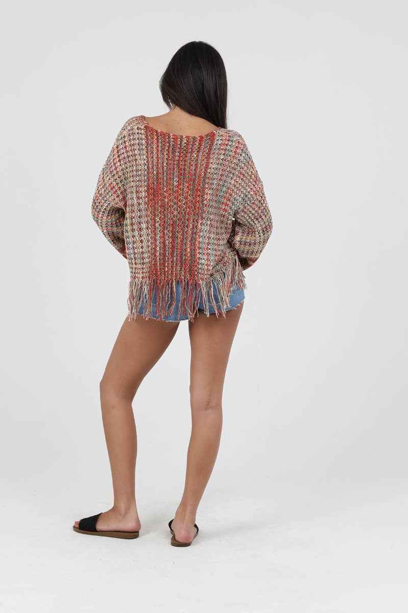 ANGIE - V NECK FRINGE HEM PULLOVER SWEATER