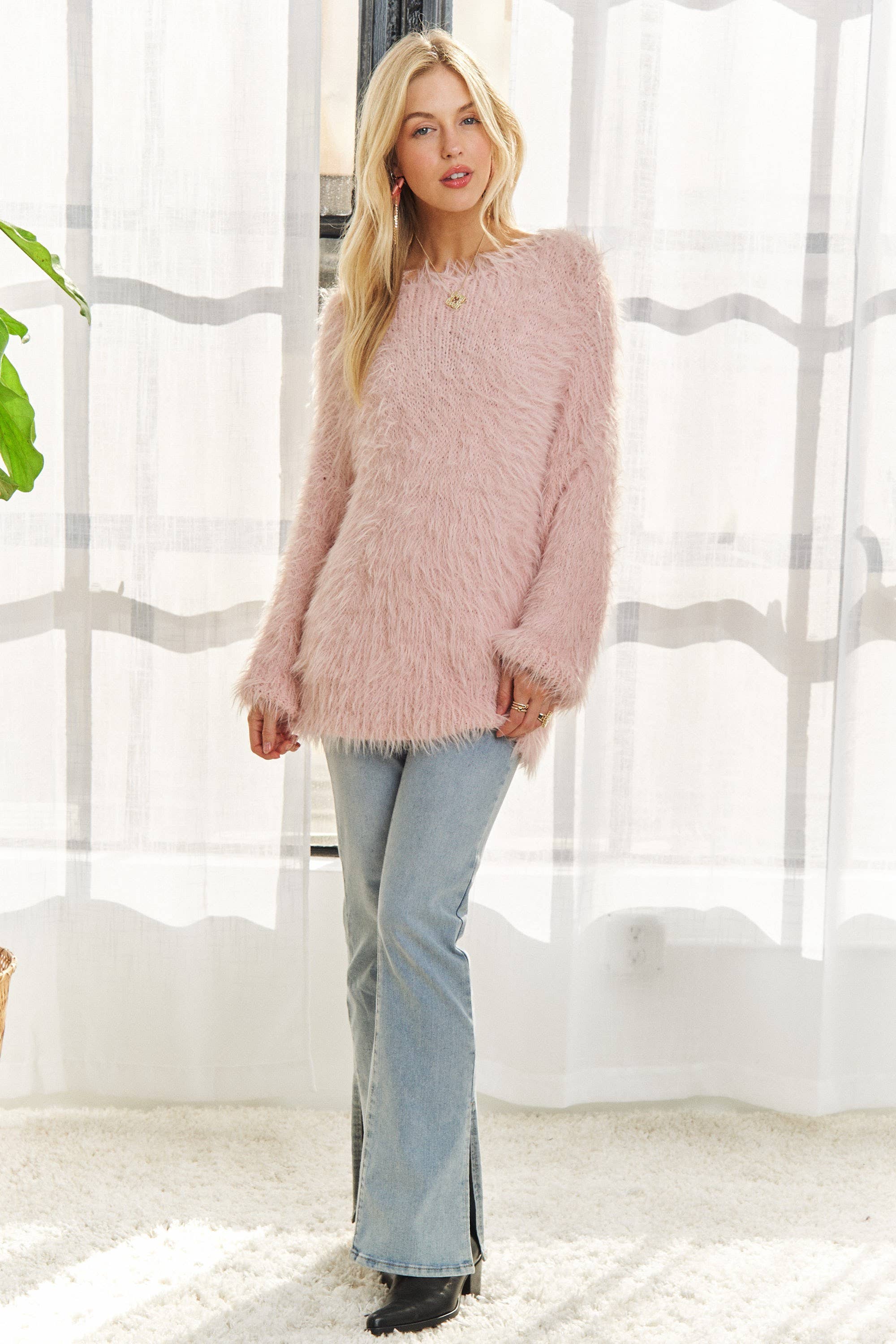 ADORA LA -  BOAT NECK SOFT FUZZY SWEATER TOP