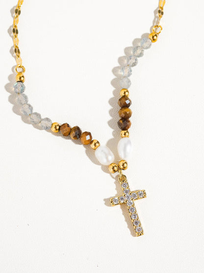 Flânerie by MAIQ - Lumiere 18K Gold Cross Necklace with Beads and Pearls