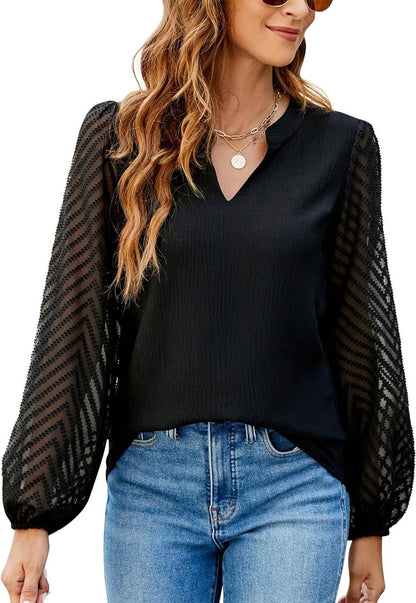 Lovesoft - Solid V Neck Chiffon Blouse Lace Puff Sleeve Top