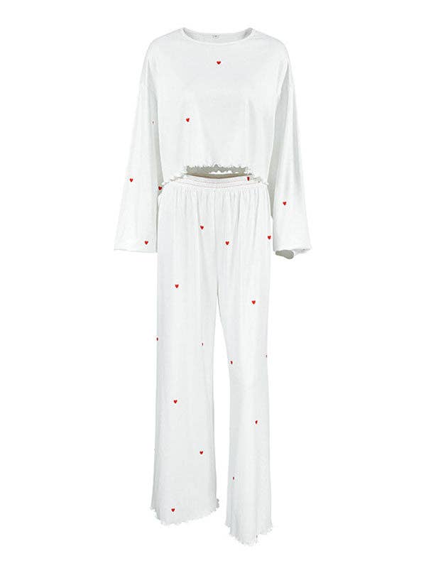 UZ Wholesale Store - High Waisted Long Sleeves Elasticity Heart Print See-Through Split-Joint Round-Neck Two Pieces Set