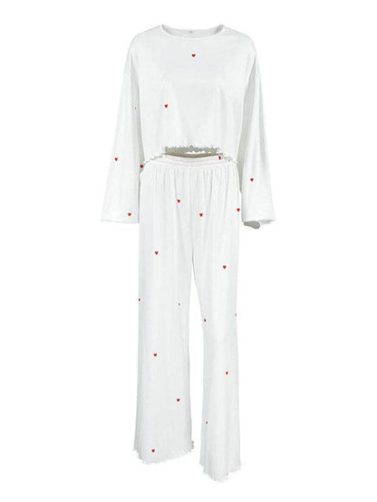 UZ Wholesale Store - High Waisted Long Sleeves Elasticity Heart Print See-Through Split-Joint Round-Neck Two Pieces Set
