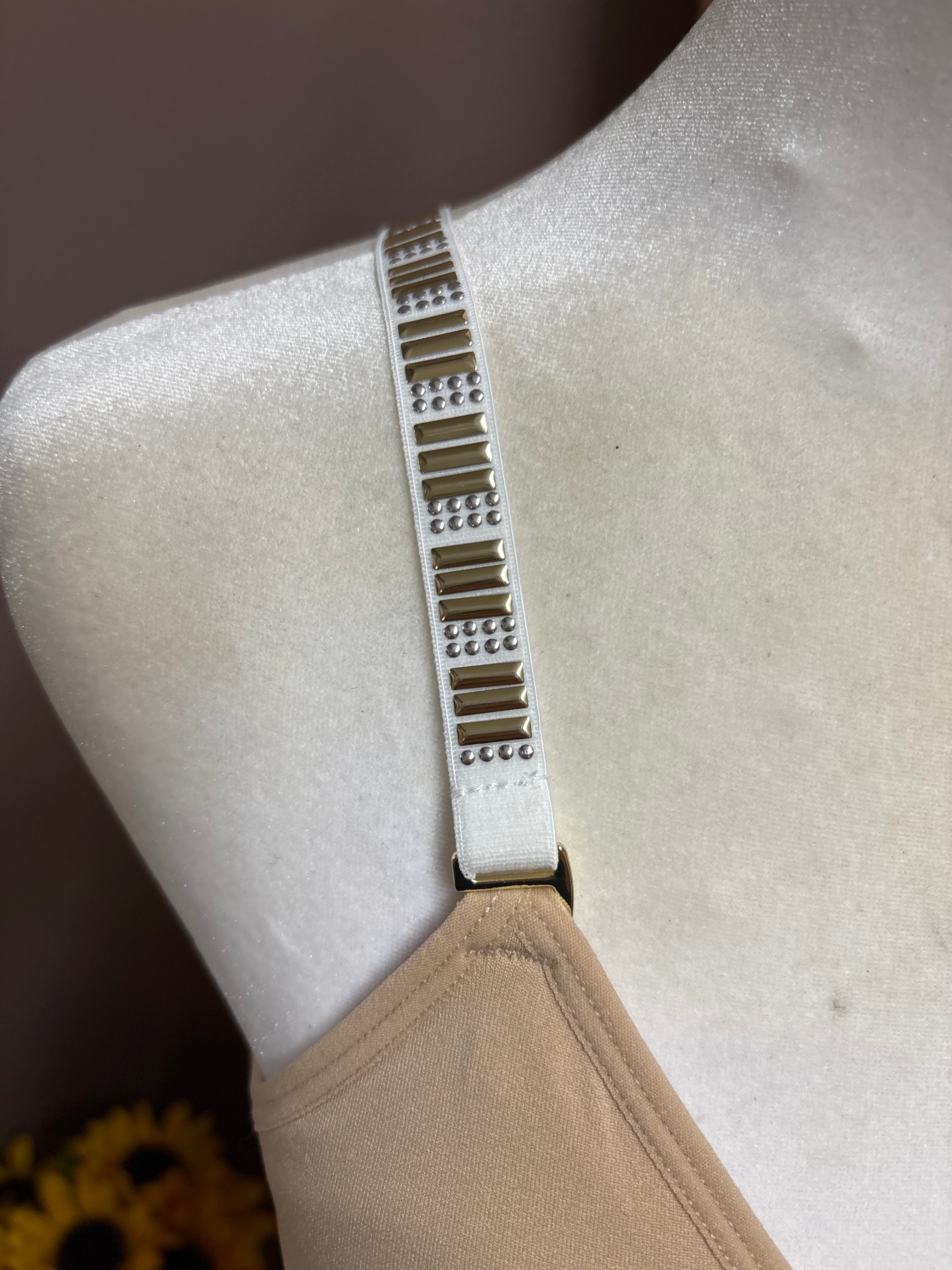 Strap-it’s- Nude plunge with gold and silver accents