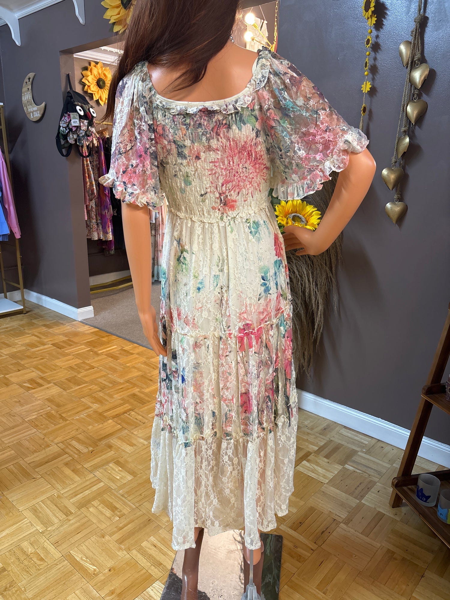 Origami- Sheer sparkly lace maxi dress OLS4970BG PT Pink / Medium