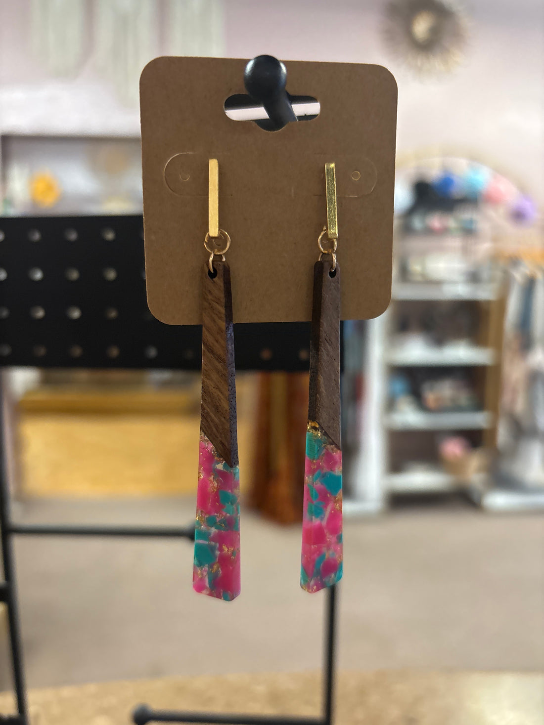 OhHeyBec--Large wood and resing dangle earrings
