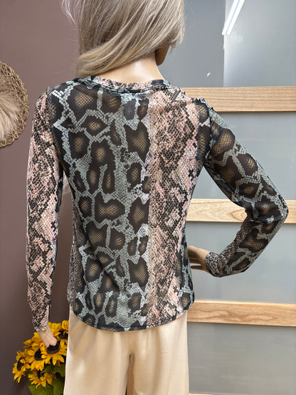 Brooklyn Isles-Snakeskin mesh long sleeve top