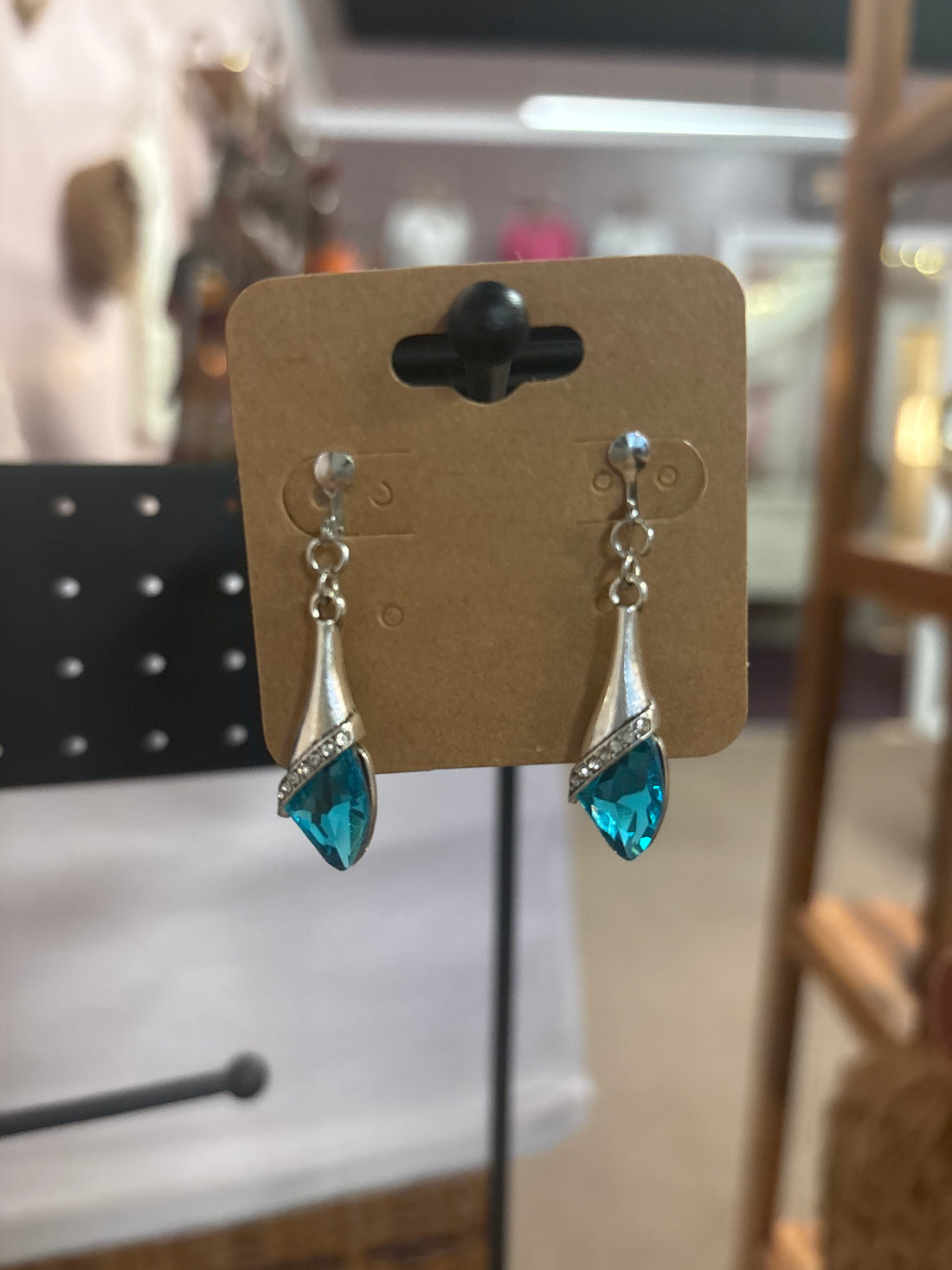 OhHeyBec--Clip on dangle earrings with blue stone