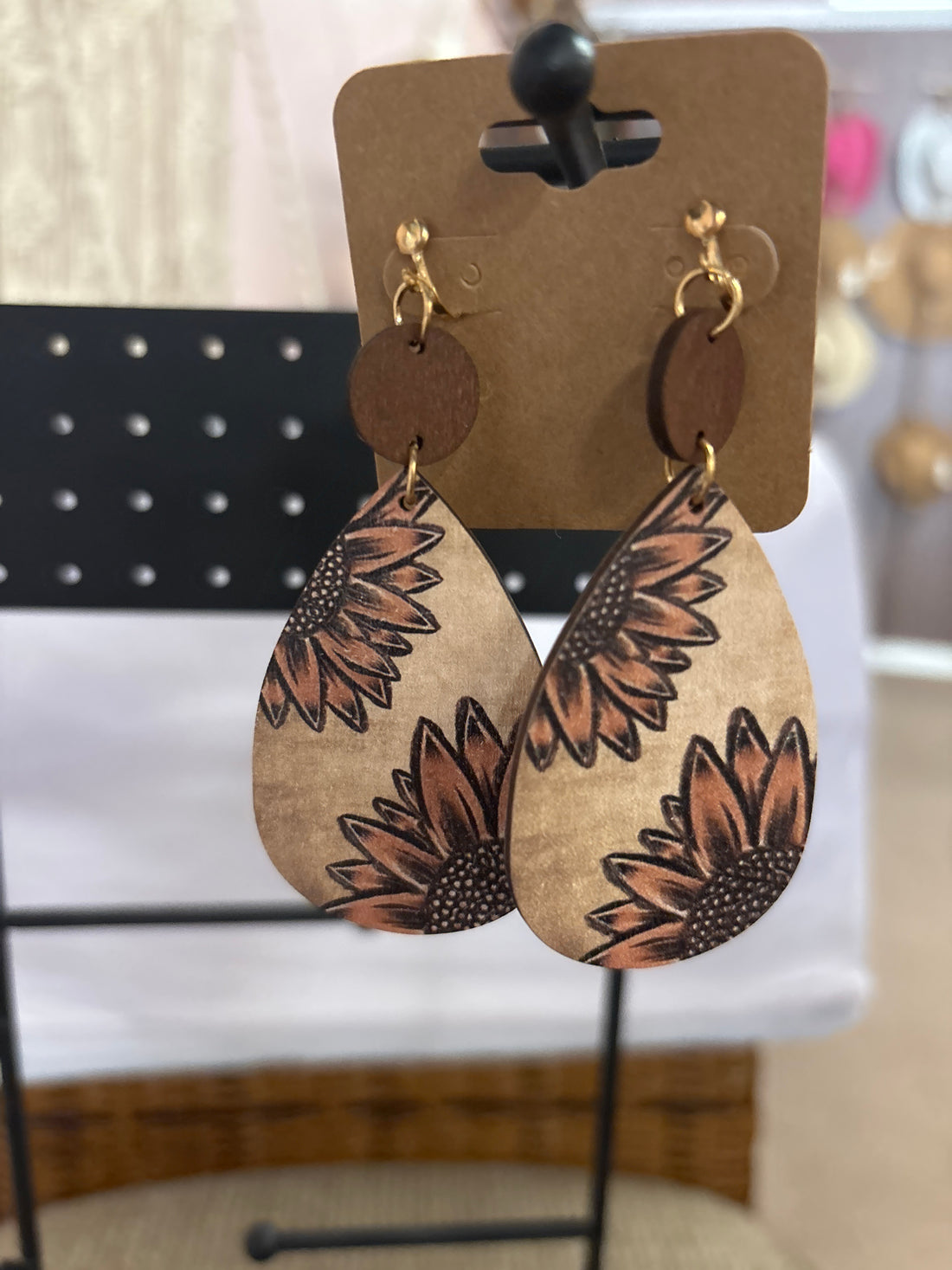 OhHeyBec--Clip on dangle wooden earrings with Sunflowers