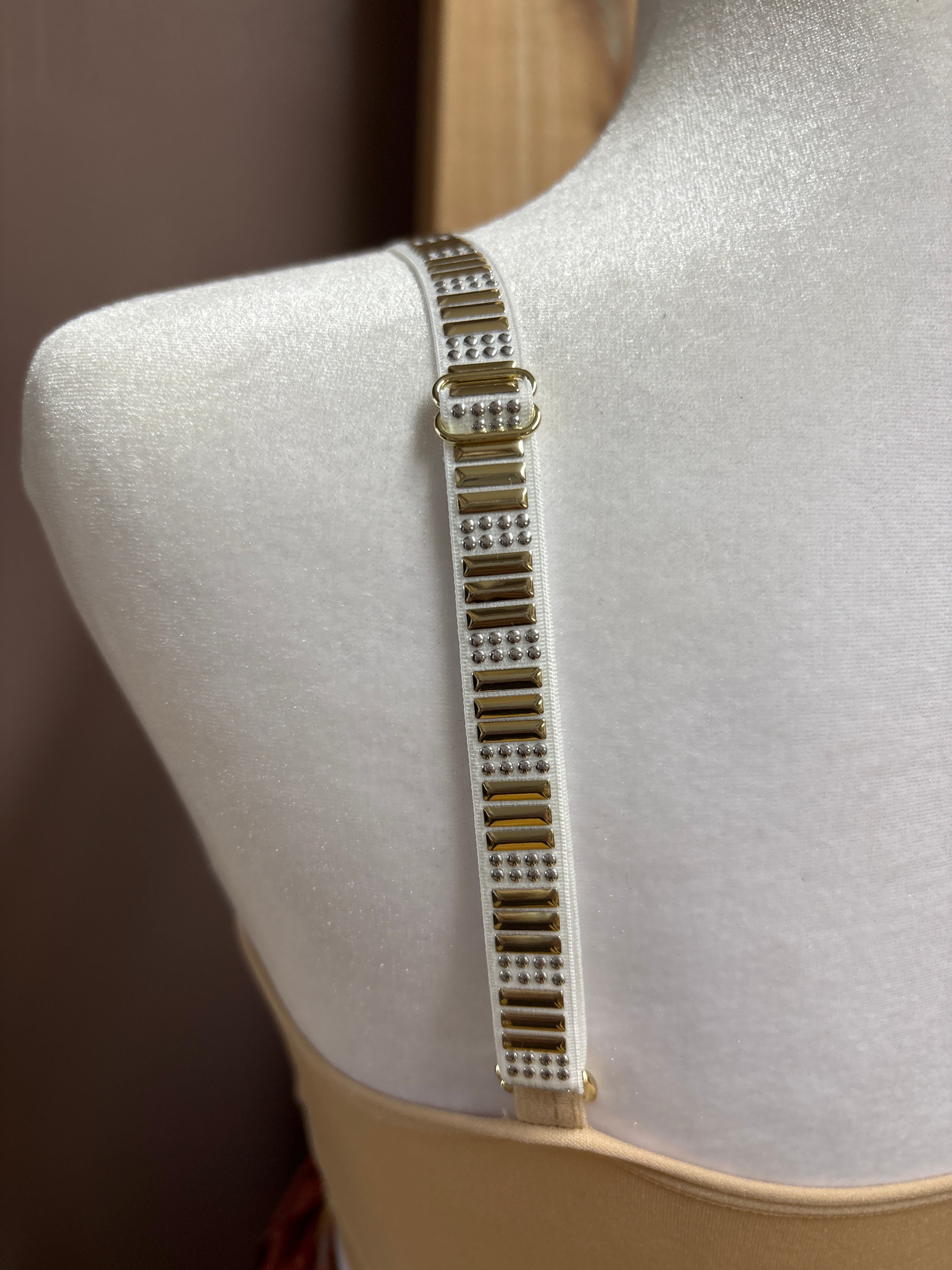 Strap-it’s- Nude plunge with gold and silver accents