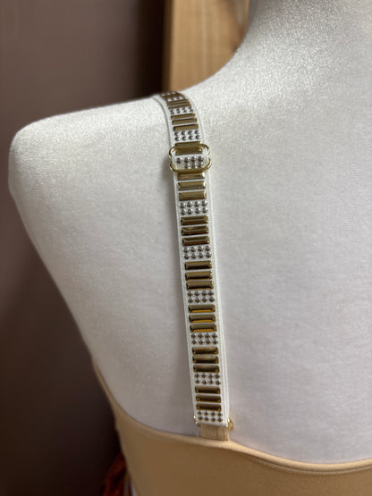 Strap-it’s- Nude plunge with gold and silver accents