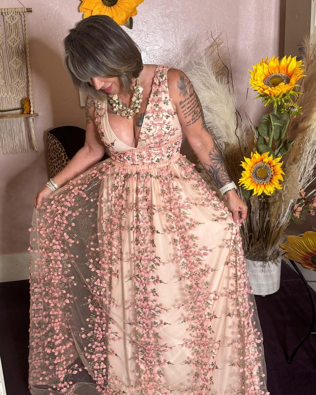  Embroidered Floral Lace Maxi Dress