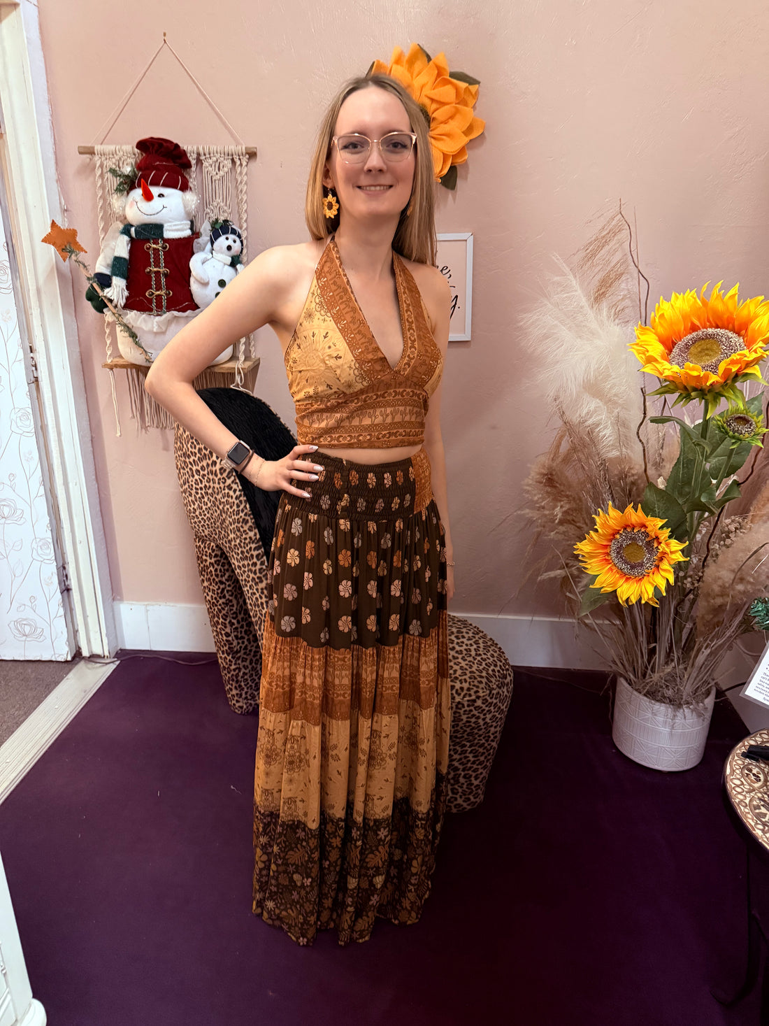 Gardenbelle Shop - Bohemian Earthy Print Tiered Maxi Skirt, Hippie Boho Dress