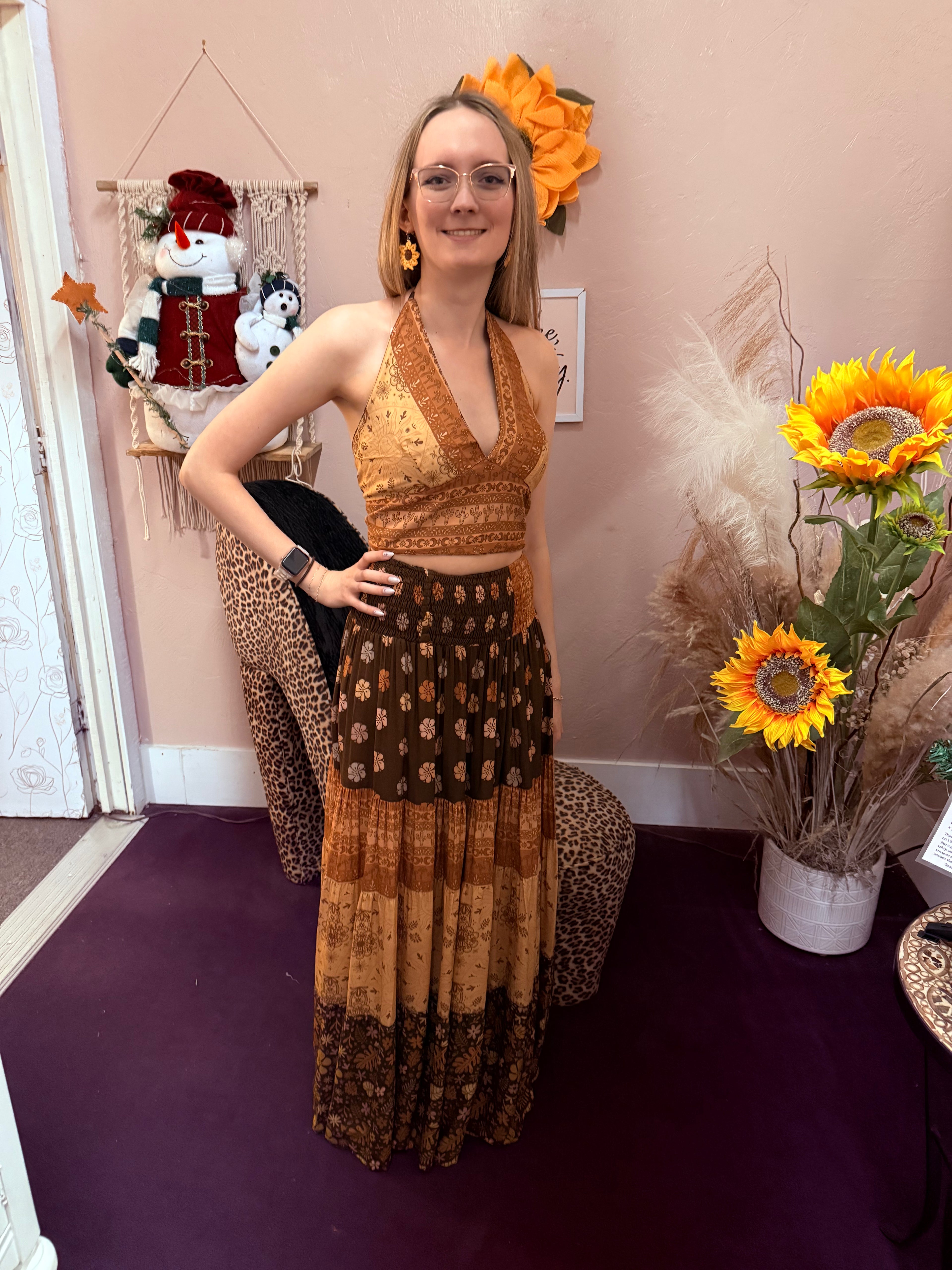 Gardenbelle Shop - Bohemian Earthy Print Tiered Maxi Skirt, Hippie Boho Dress