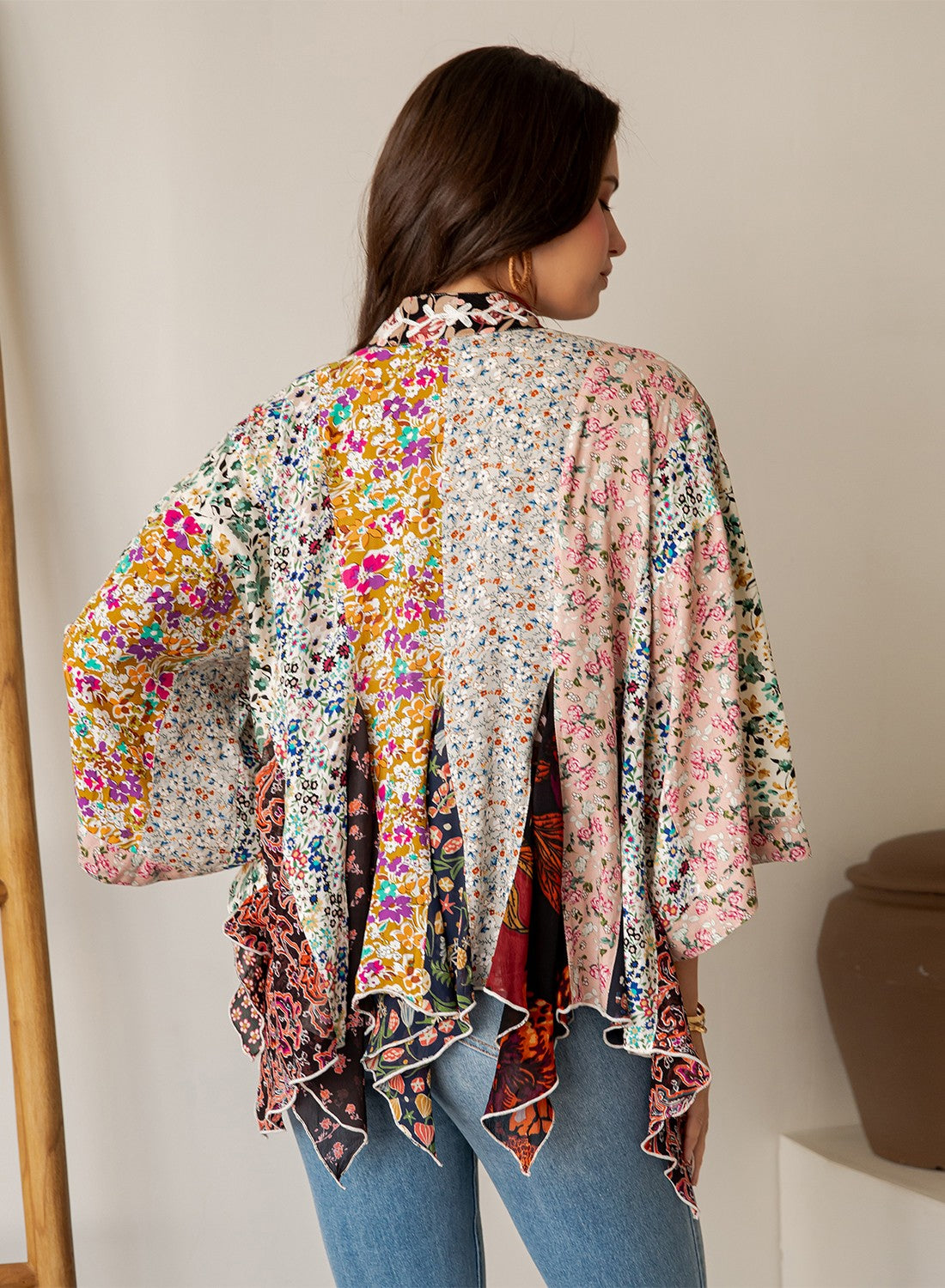 Young Threads-Artisan Boho Patchwork Lace-trim Floral Kimono