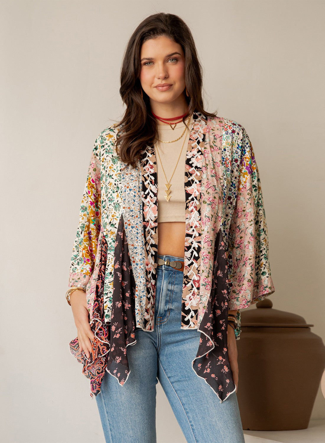 Young Threads-Artisan Boho Patchwork Lace-trim Floral Kimono