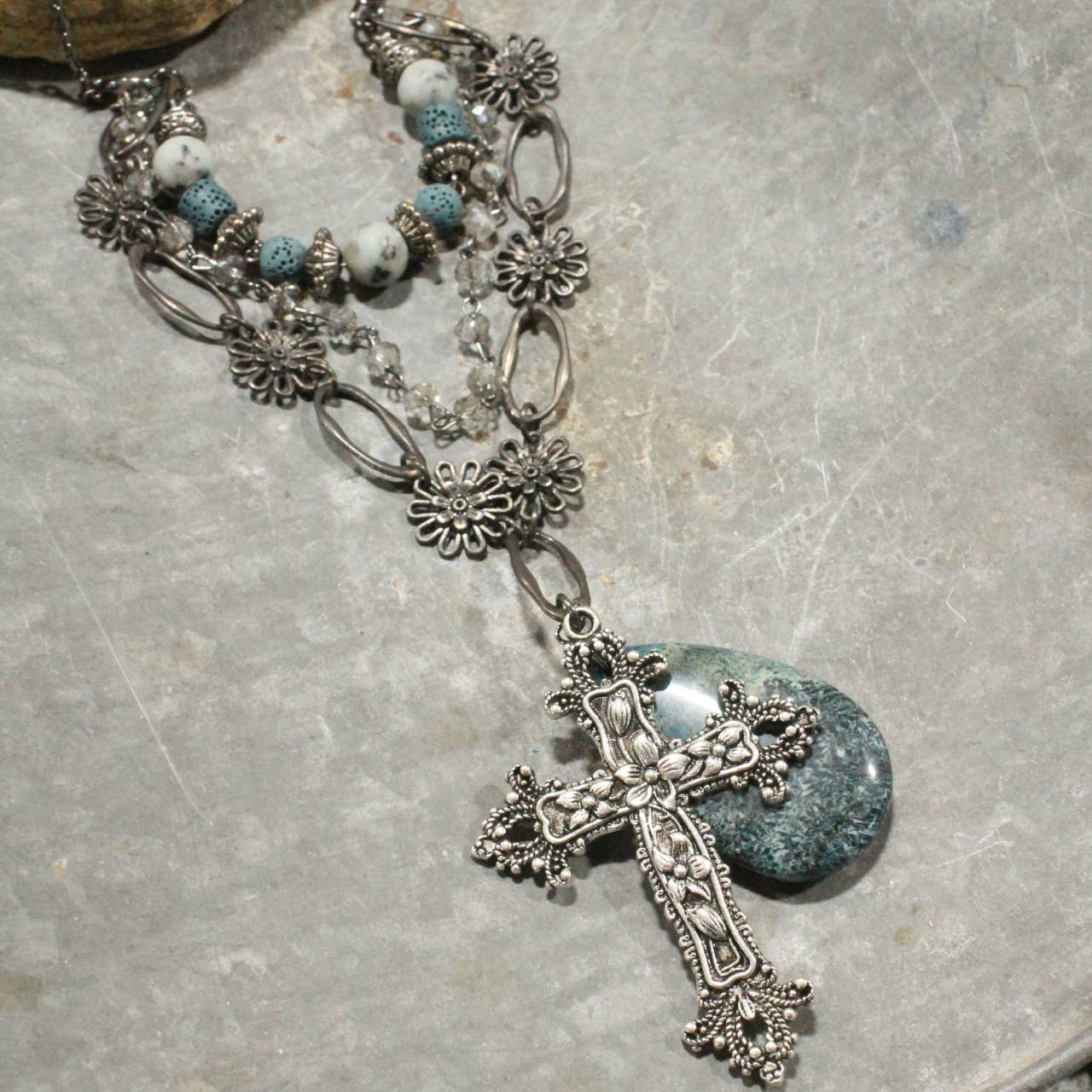 The Primitive Peddler, Inc. - Gunmetal &amp; Jade Stone Cross Layered Necklace