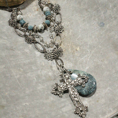 The Primitive Peddler, Inc. - Gunmetal &amp; Jade Stone Cross Layered Necklace