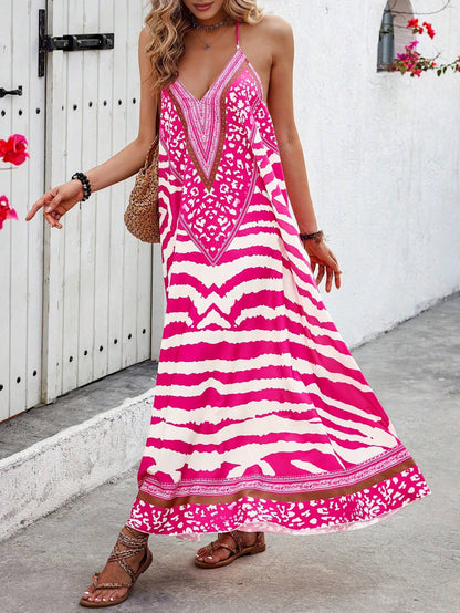 Anna Kaci Wholesale - V Neck Printed Spaghetti Strap A Line Maxi Dress