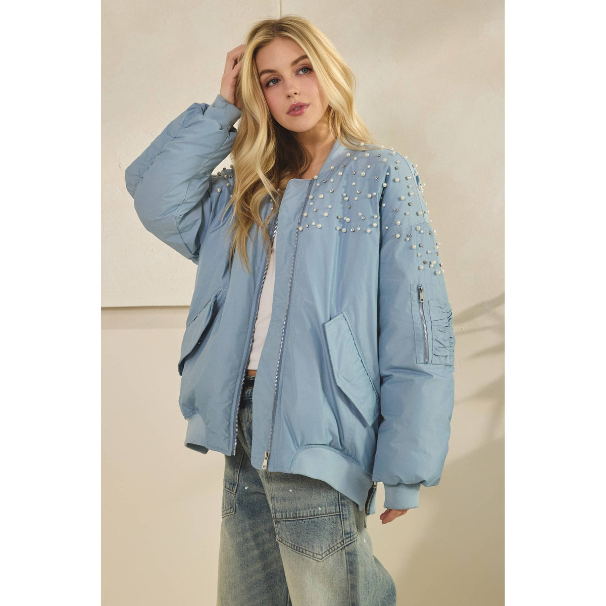 Veveret - Rhinestone Oversize Bomber Jacket