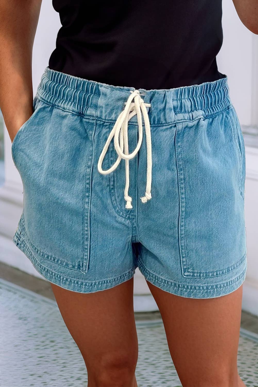 Little Daisy Closet -  LDC Contrast Drawstring Elastic Waist Denim Shorts